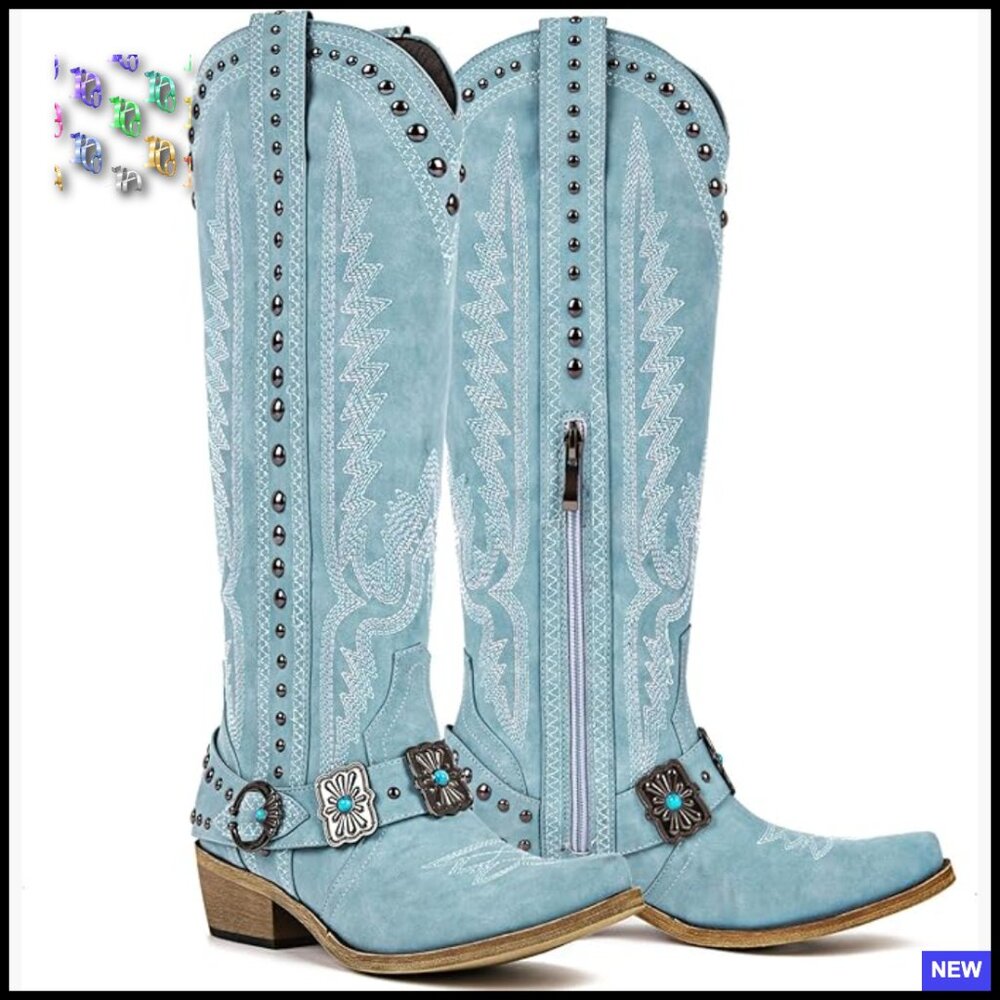 Knee High Western Cowgirl Boots Embroidery Belt Buckle Chains Boho Chic